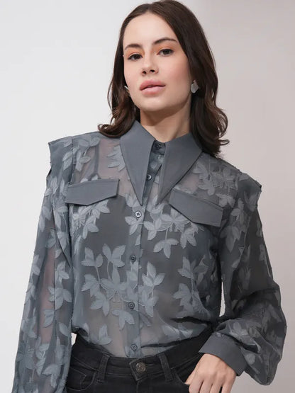 Suburbans  Women Grey Self Design Regular Fit Casual Shirt