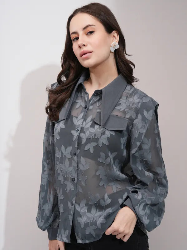 Suburbans  Women Grey Self Design Regular Fit Casual Shirt