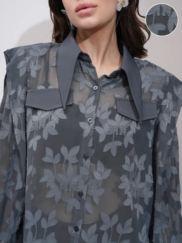 Suburbans  Women Grey Self Design Regular Fit Casual Shirt