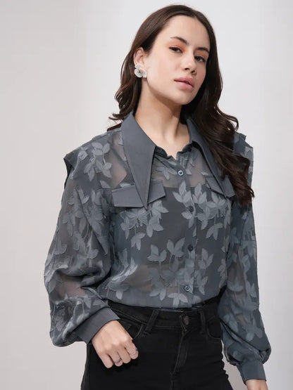 Suburbans  Women Grey Self Design Regular Fit Casual Shirt