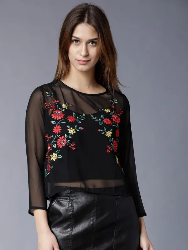 Suburbans  Women Black Embroidered Regular Tops