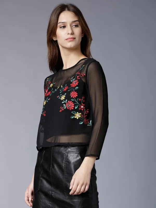 Suburbans  Women Black Embroidered Regular Tops