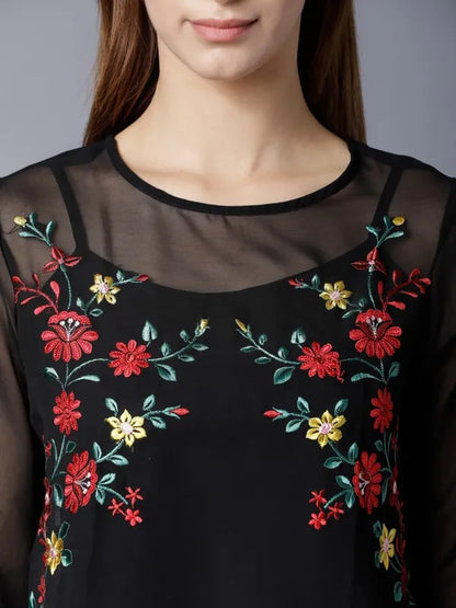 Suburbans  Women Black Embroidered Regular Tops