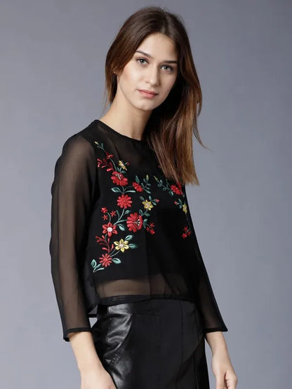 Suburbans  Women Black Embroidered Regular Tops