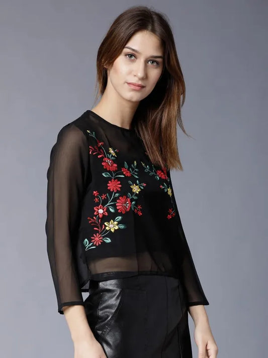 Suburbans  Women Black Embroidered Regular Tops