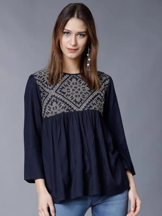 Suburbans  Women Navy Blue Printed Regular Tops