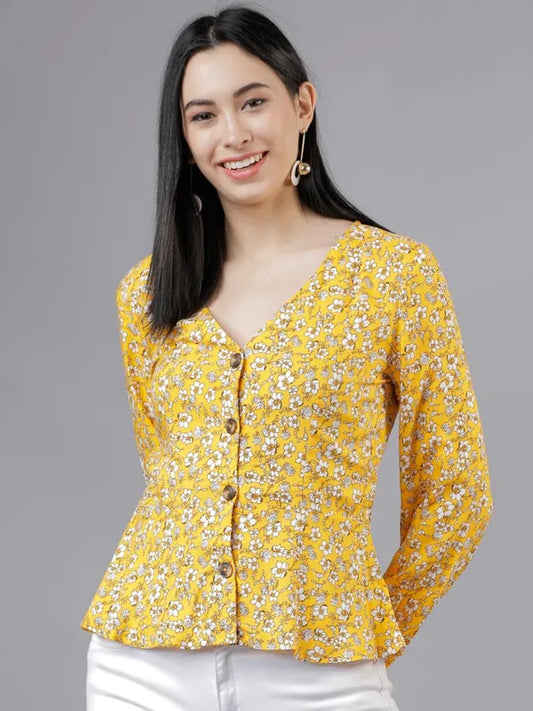 Suburbans  Women Yellow Printed Peplum Tops