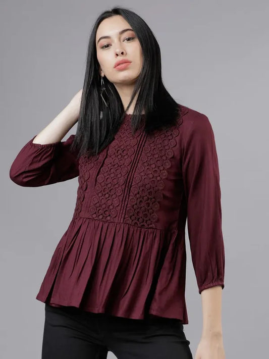 Suburbans  Women Burgundy Solid Peplum Tops