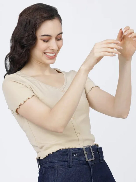 Suburbans  Women Beige Solid Regular Tops