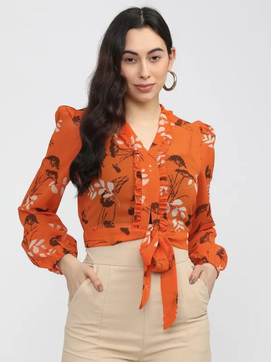 Suburbans Women Orange Printed Regular Tops