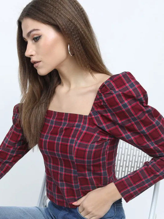 Suburbans Women Maroon Checked Regular Tops