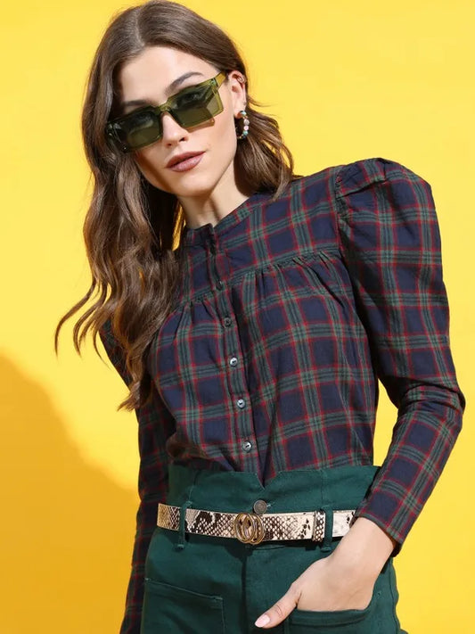 Suburbans  Women Navy Blue Checked Regular Tops