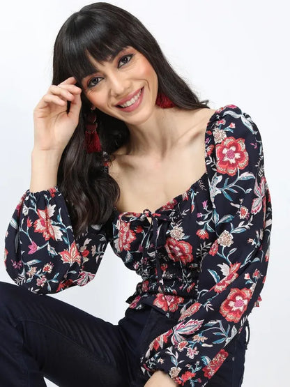 Suburbans Women Navy Blue Printed Blouson Tops