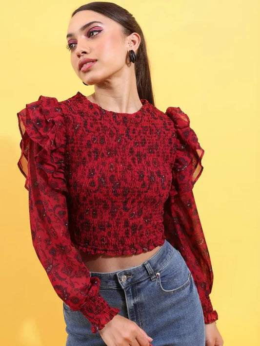 Suburbans Women Terracotta Printed Fitted Tops