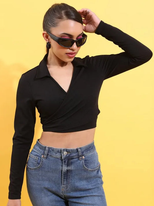 Suburbans  Women Black Solid Wrap Tops