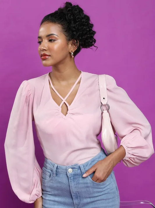 Suburbans   Women Pink Solid Blouson Tops