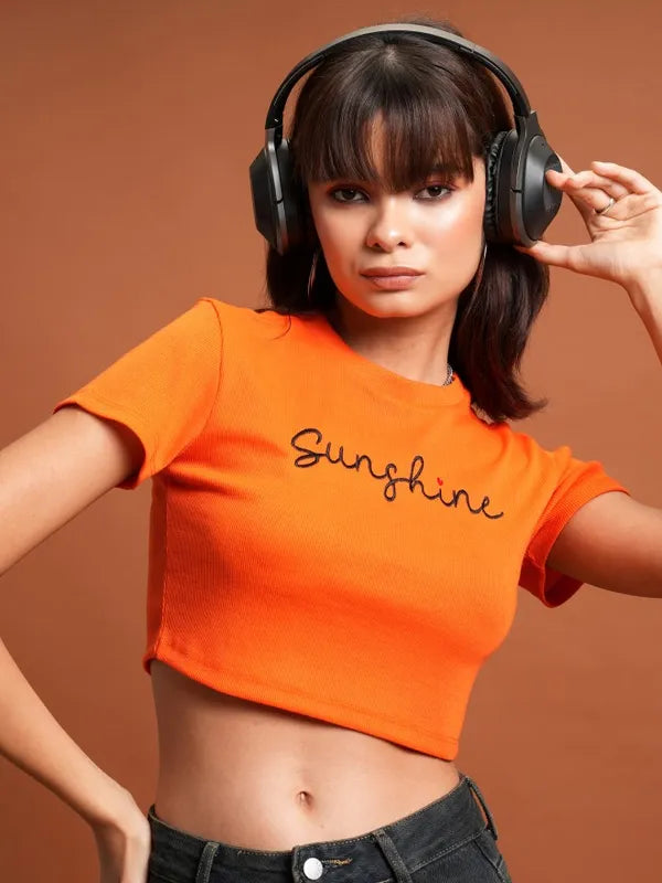 Suburbans   Women Orange Embroidered Tank Tops