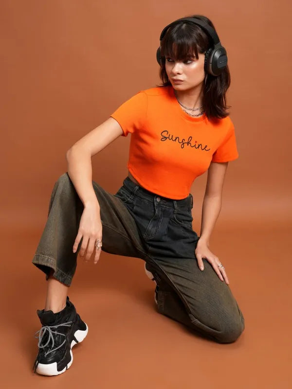 Suburbans   Women Orange Embroidered Tank Tops