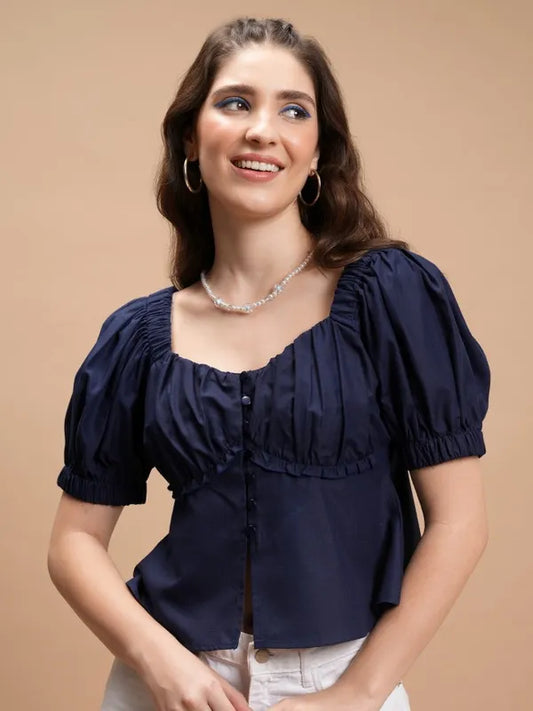 Suburbans  Women Navy Blue Solid Peplum Tops