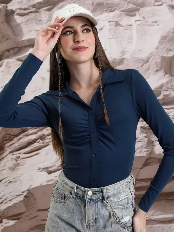 Suburbans  Women Blue Solid Shirt Style Tops