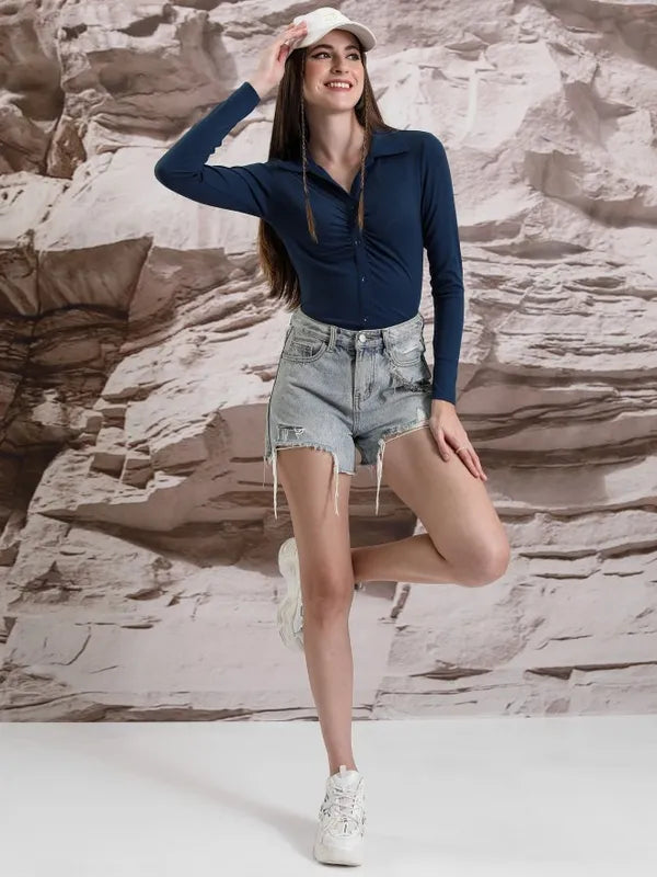 Suburbans  Women Blue Solid Shirt Style Tops
