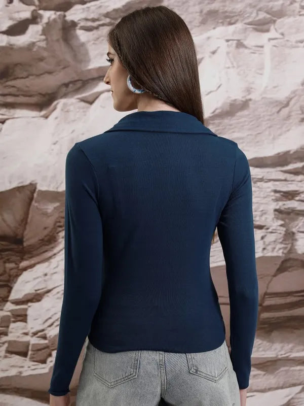 Suburbans  Women Blue Solid Shirt Style Tops