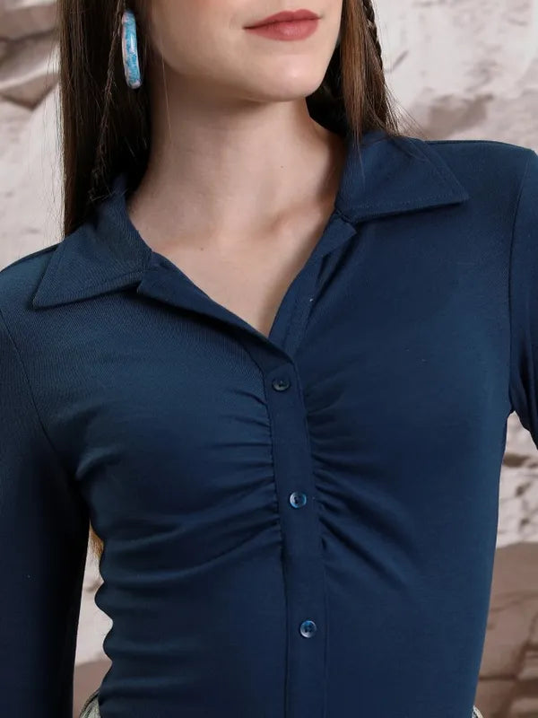 Suburbans  Women Blue Solid Shirt Style Tops
