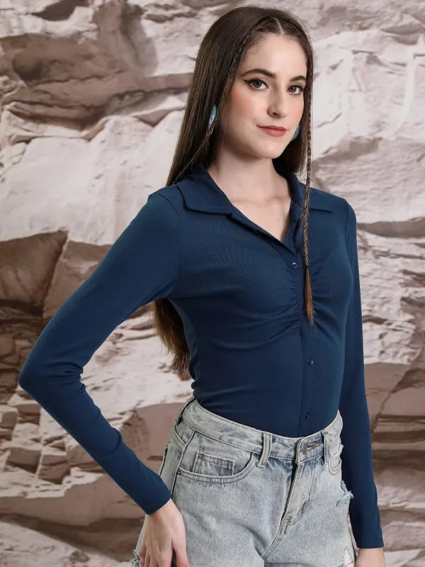 Suburbans  Women Blue Solid Shirt Style Tops