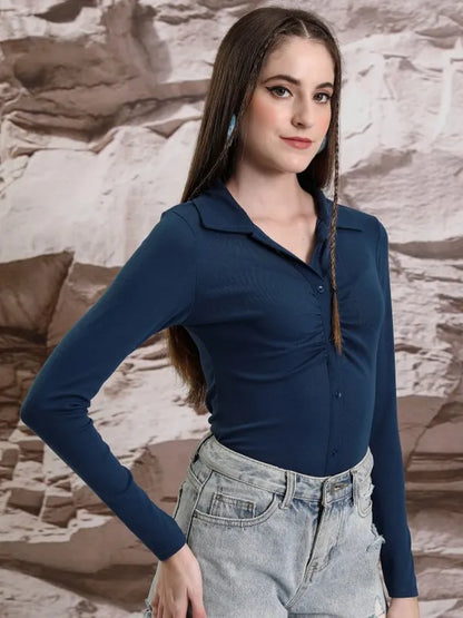 Suburbans  Women Blue Solid Shirt Style Tops