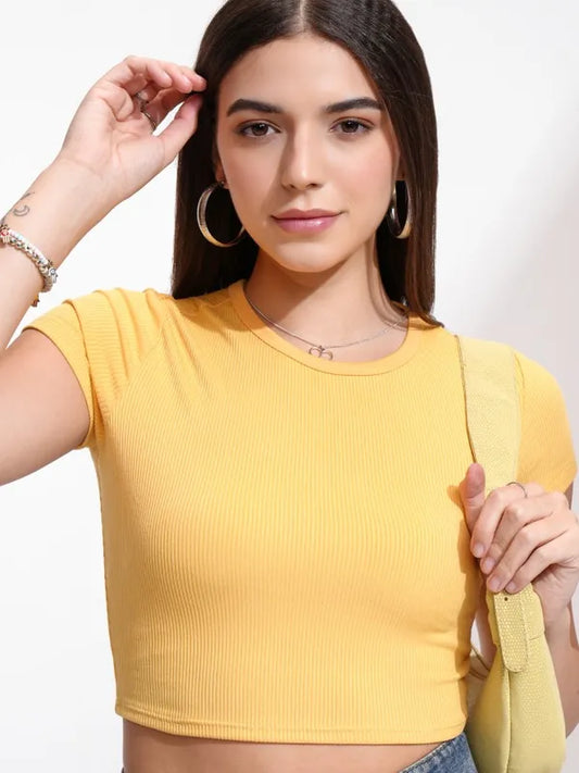 Suburbans  Women Yellow Solid Fitted Top