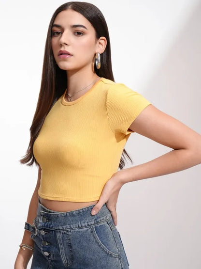 Suburbans  Women Yellow Solid Fitted Top
