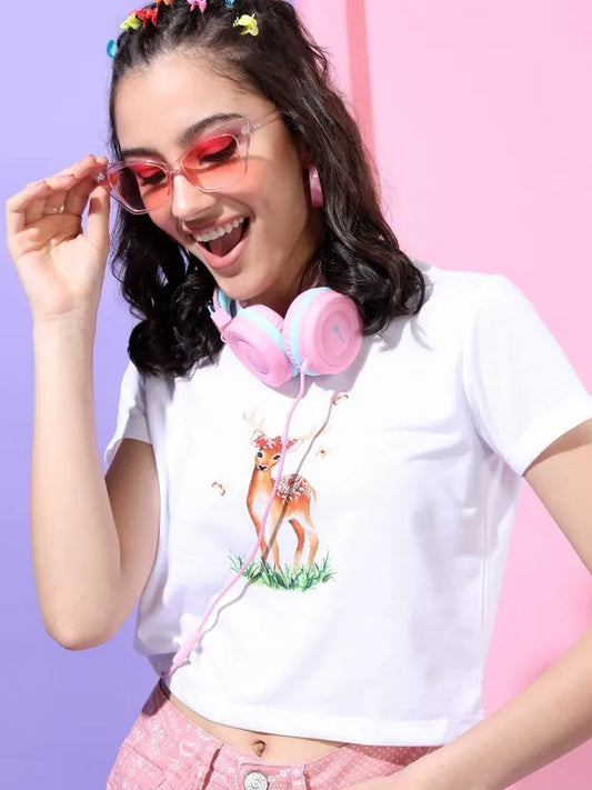 Suburbans  Women White Printed Round Neck T-Shirts