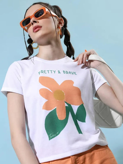 Suburbans   Women White Printed Round Neck T-Shirts