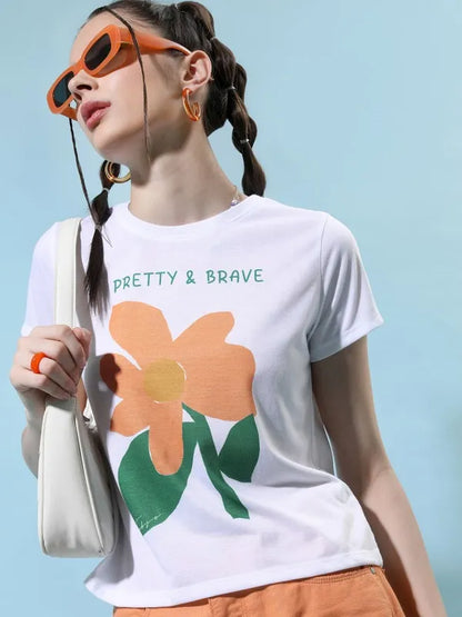 Suburbans   Women White Printed Round Neck T-Shirts