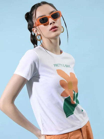 Suburbans   Women White Printed Round Neck T-Shirts
