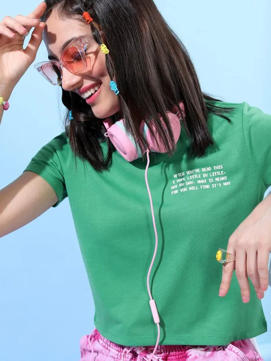 Women Green Printed Round Neck T-Shirts