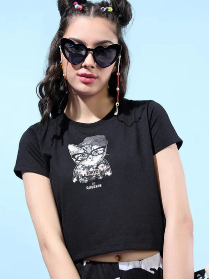 Suburbans   Women Black Printed Round Neck T-Shirts