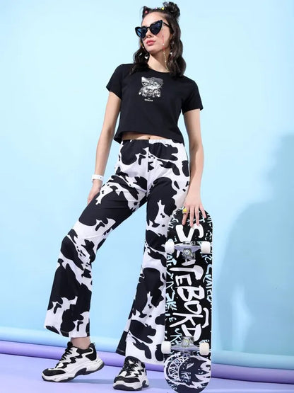 Suburbans   Women Black Printed Round Neck T-Shirts