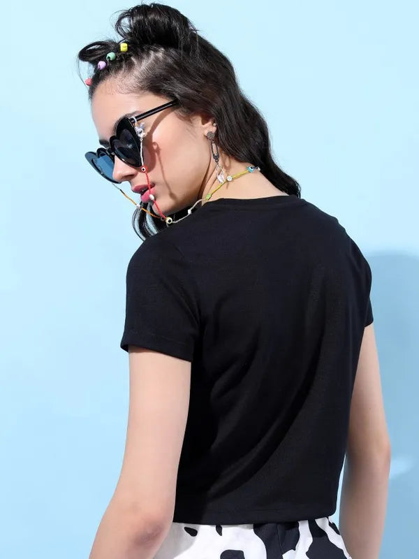 Suburbans   Women Black Printed Round Neck T-Shirts
