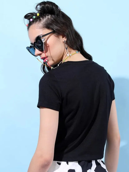 Suburbans   Women Black Printed Round Neck T-Shirts