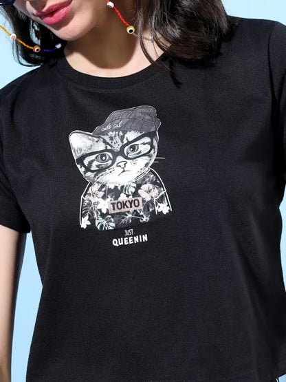 Suburbans   Women Black Printed Round Neck T-Shirts
