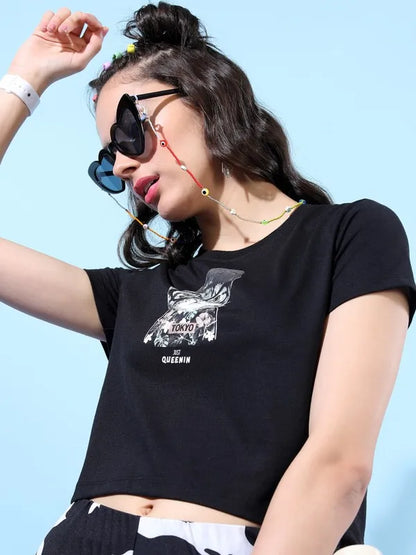 Suburbans   Women Black Printed Round Neck T-Shirts
