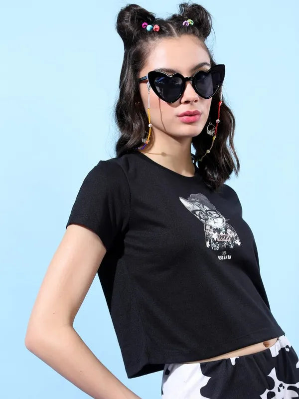 Suburbans   Women Black Printed Round Neck T-Shirts