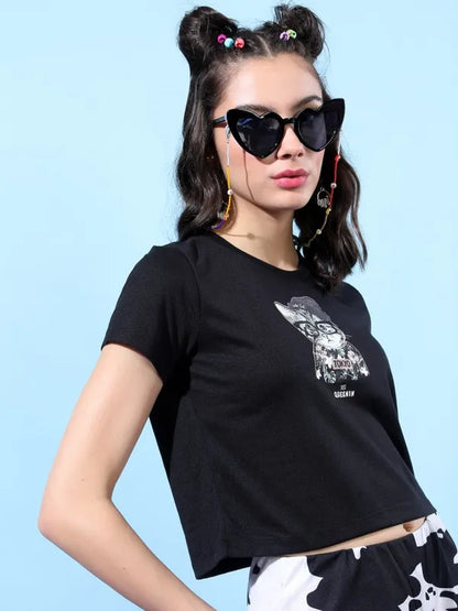 Suburbans   Women Black Printed Round Neck T-Shirts