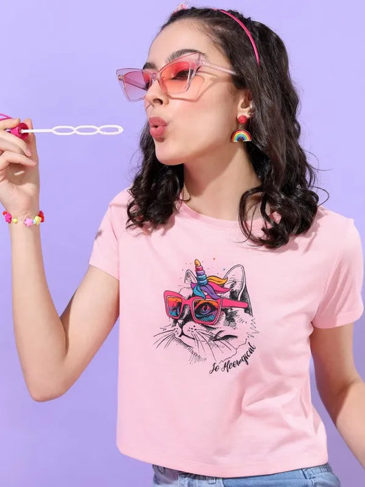 Suburbans  Women Pink Printed Round Neck T-Shirts