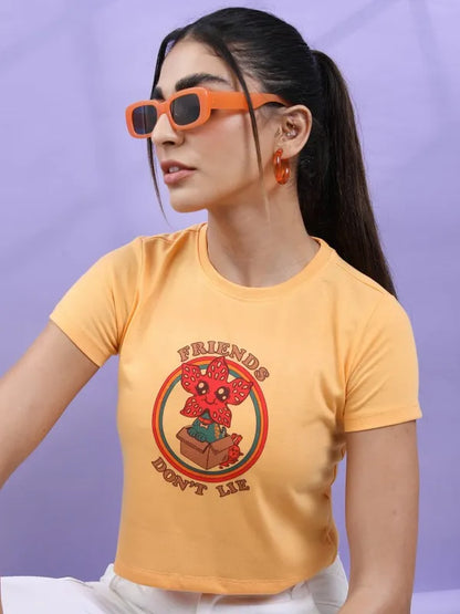 Suburbans   Women Yellow Printed Round Neck T-Shirts