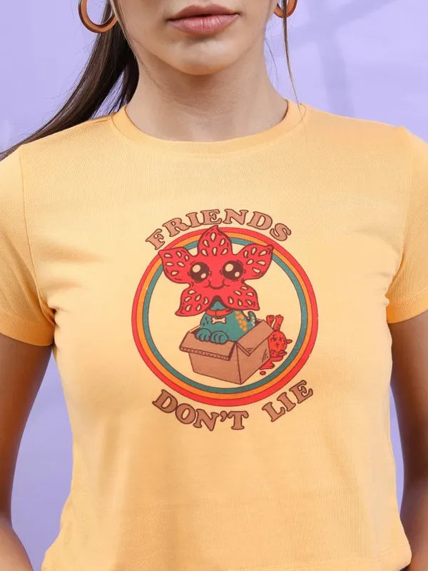 Suburbans   Women Yellow Printed Round Neck T-Shirts