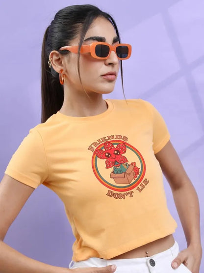 Suburbans   Women Yellow Printed Round Neck T-Shirts