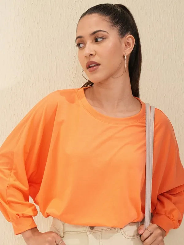 Suburbans  Women Orange Solid Round Neck Oversized Fit T-Shirt
