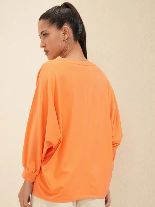 Suburbans  Women Orange Solid Round Neck Oversized Fit T-Shirt